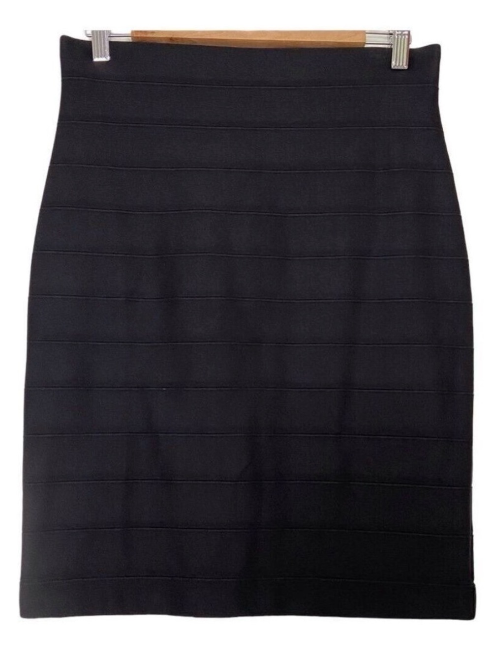 JOSEPH Ribkoff mini skirt pencil black flattering fabric strips elastic waist 12